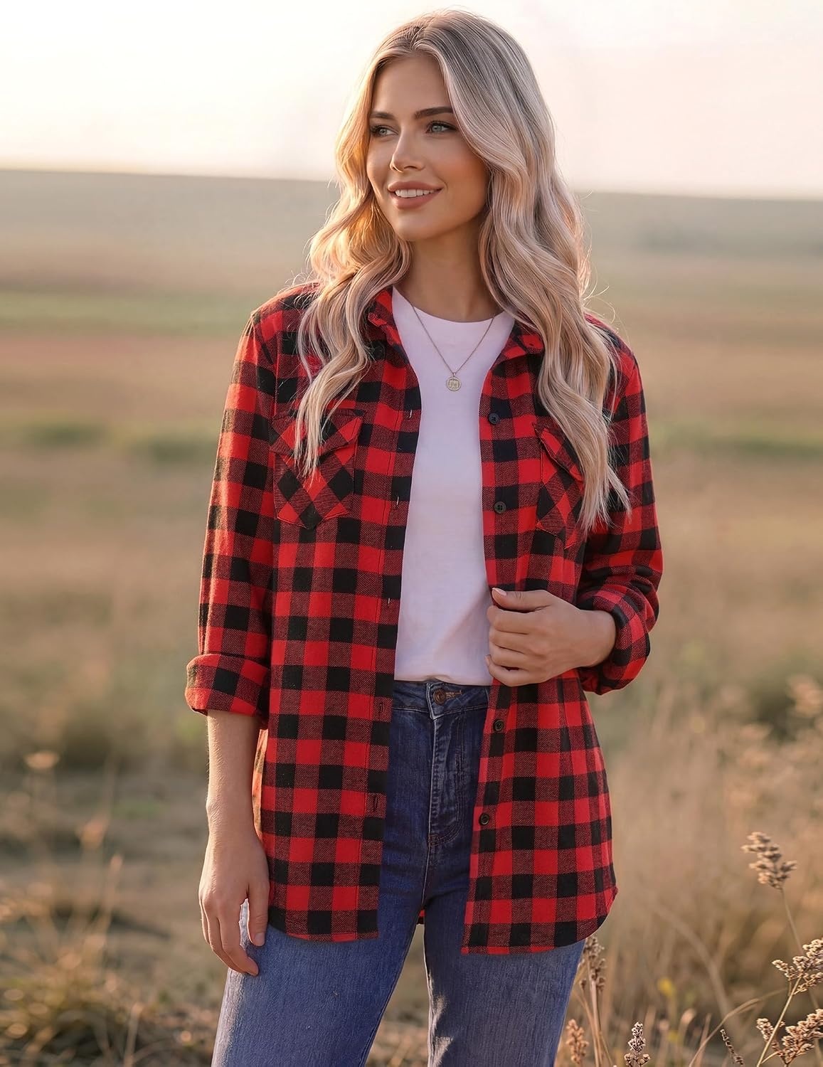 image:imageZeagoo Womens Plaid Flannel Shirt Long Sleeve Top Casual Button Down Blouse1red