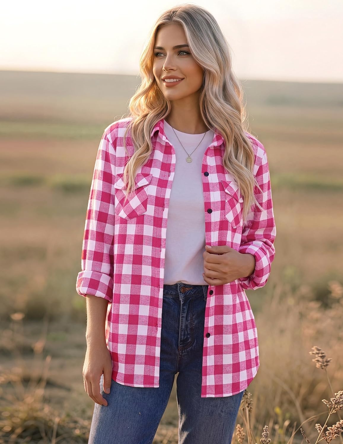 image:imageZeagoo Womens Plaid Flannel Shirt Long Sleeve Top Casual Button Down Blouse1rose