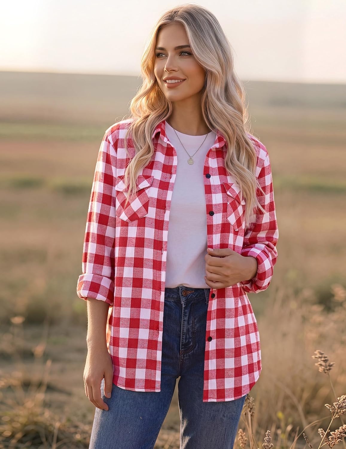 image:imageZeagoo Womens Plaid Flannel Shirt Long Sleeve Top Casual Button Down Blouse1watermelon Red