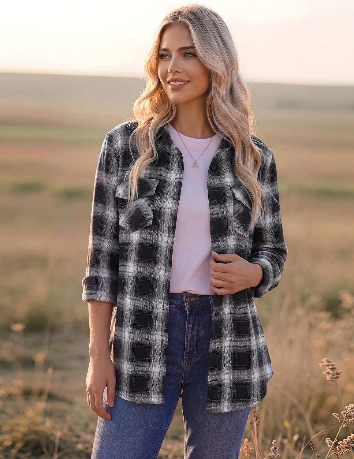 image:imageZeagoo Womens Plaid Flannel Shirt Long Sleeve Top Casual Button Down BlouseBlack White