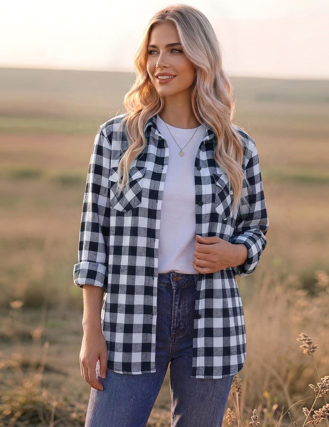 image:imageZeagoo Womens Plaid Flannel Shirt Long Sleeve Top Casual Button Down BlouseDark Blue