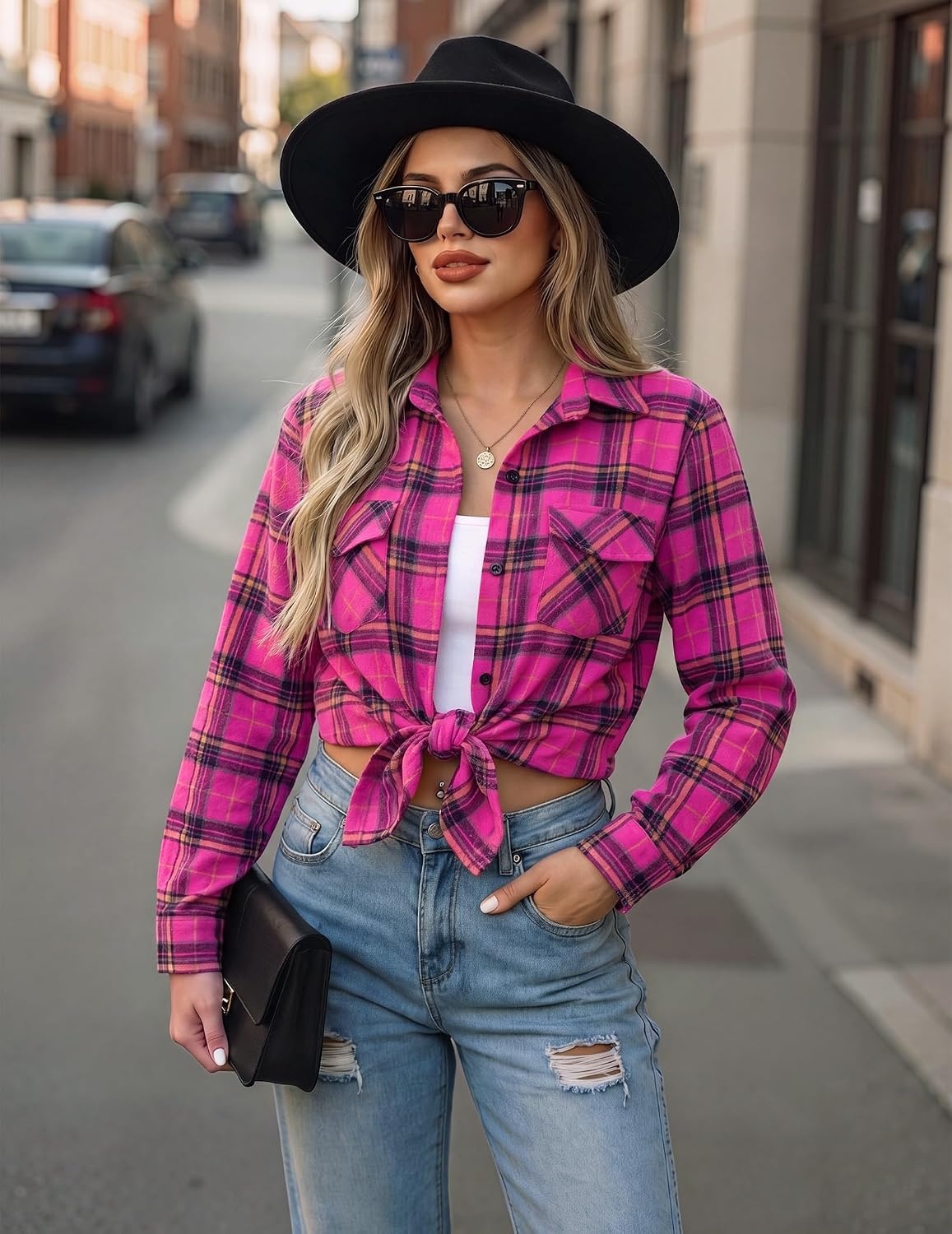 image:imageZeagoo Womens Plaid Flannel Shirt Long Sleeve Top Casual Button Down BlouseHot Pink