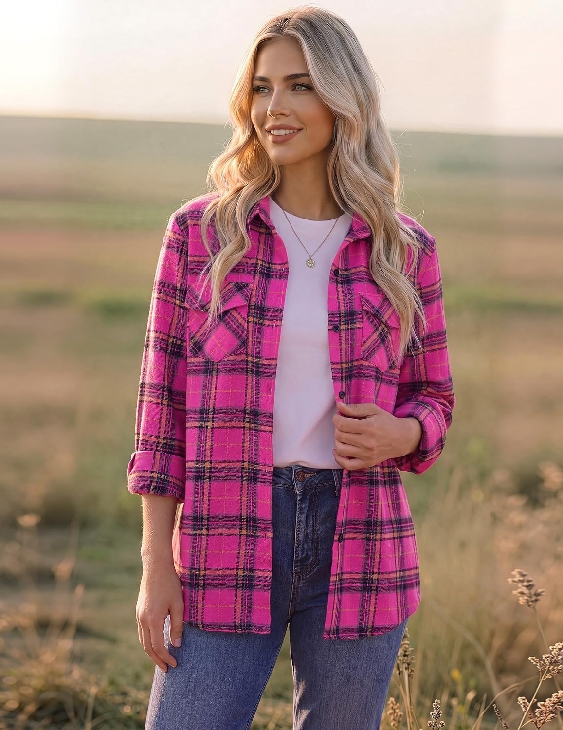image:imageZeagoo Womens Plaid Flannel Shirt Long Sleeve Top Casual Button Down BlouseHot Pink