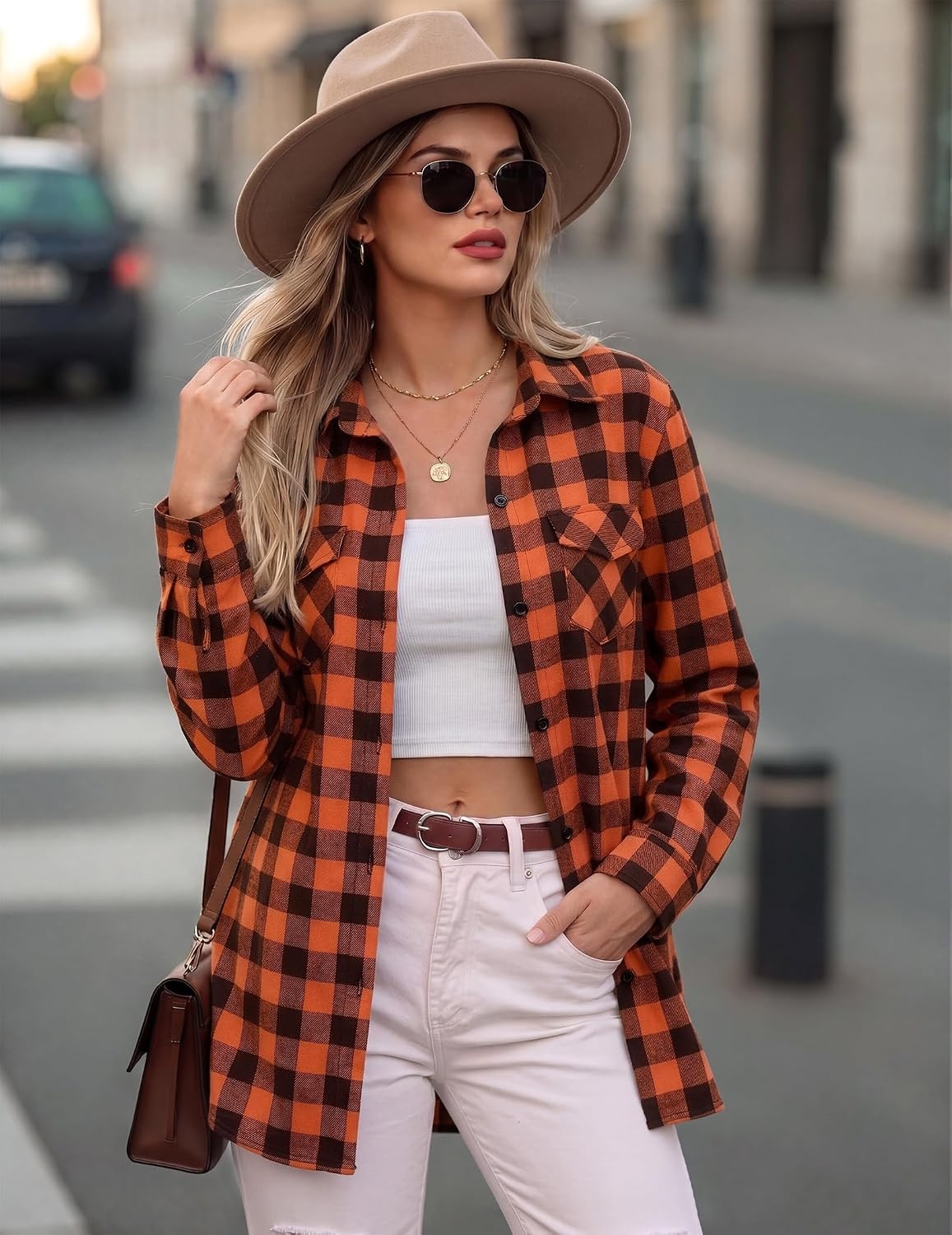 image:imageZeagoo Womens Plaid Flannel Shirt Long Sleeve Top Casual Button Down BlouseOrange Black