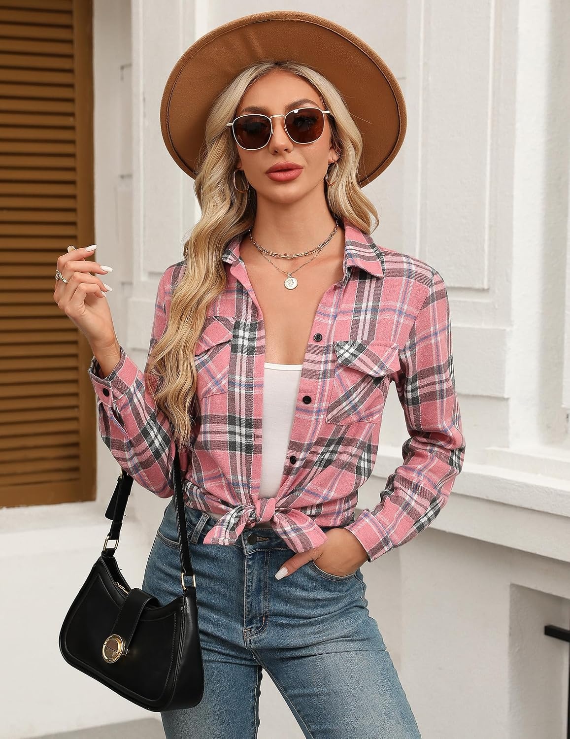image:imageZeagoo Womens Plaid Flannel Shirt Long Sleeve Top Casual Button Down BlousePink2