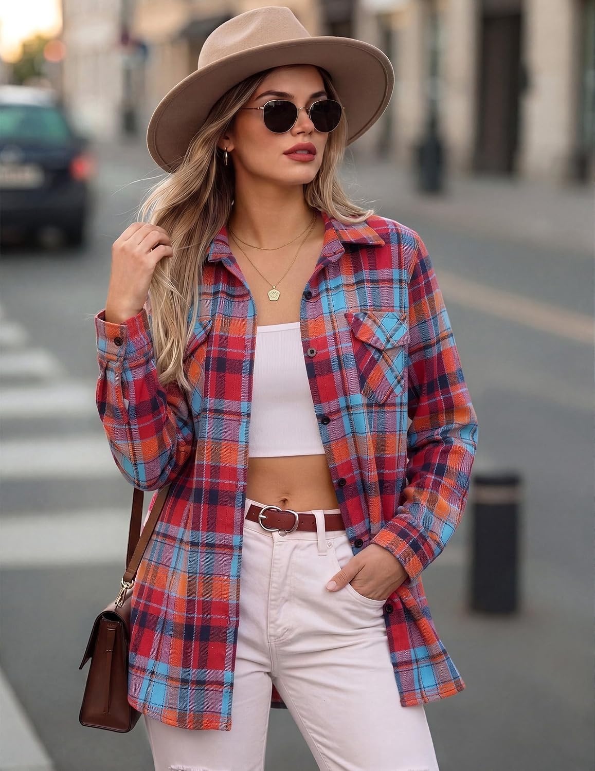 image:imageZeagoo Womens Plaid Flannel Shirt Long Sleeve Top Casual Button Down BlouseRed Blue