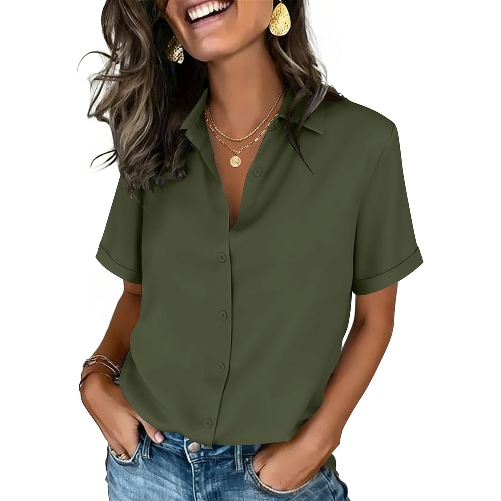 image:imageZeagoo Button Down Shirts for Women Short Sleeve Tops Dressy Casual BlousesArmy Green