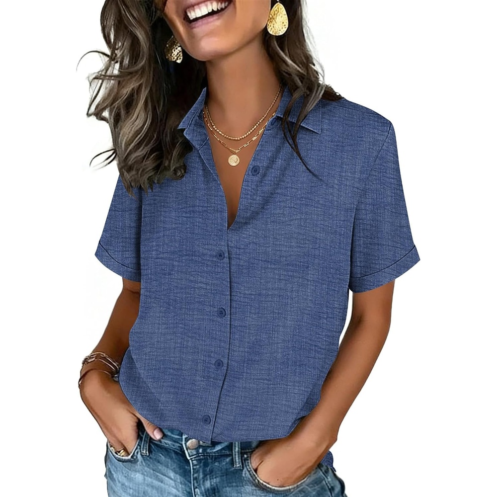 image:imageZeagoo Button Down Shirts for Women Short Sleeve Tops Dressy Casual BlousesNavy Blue