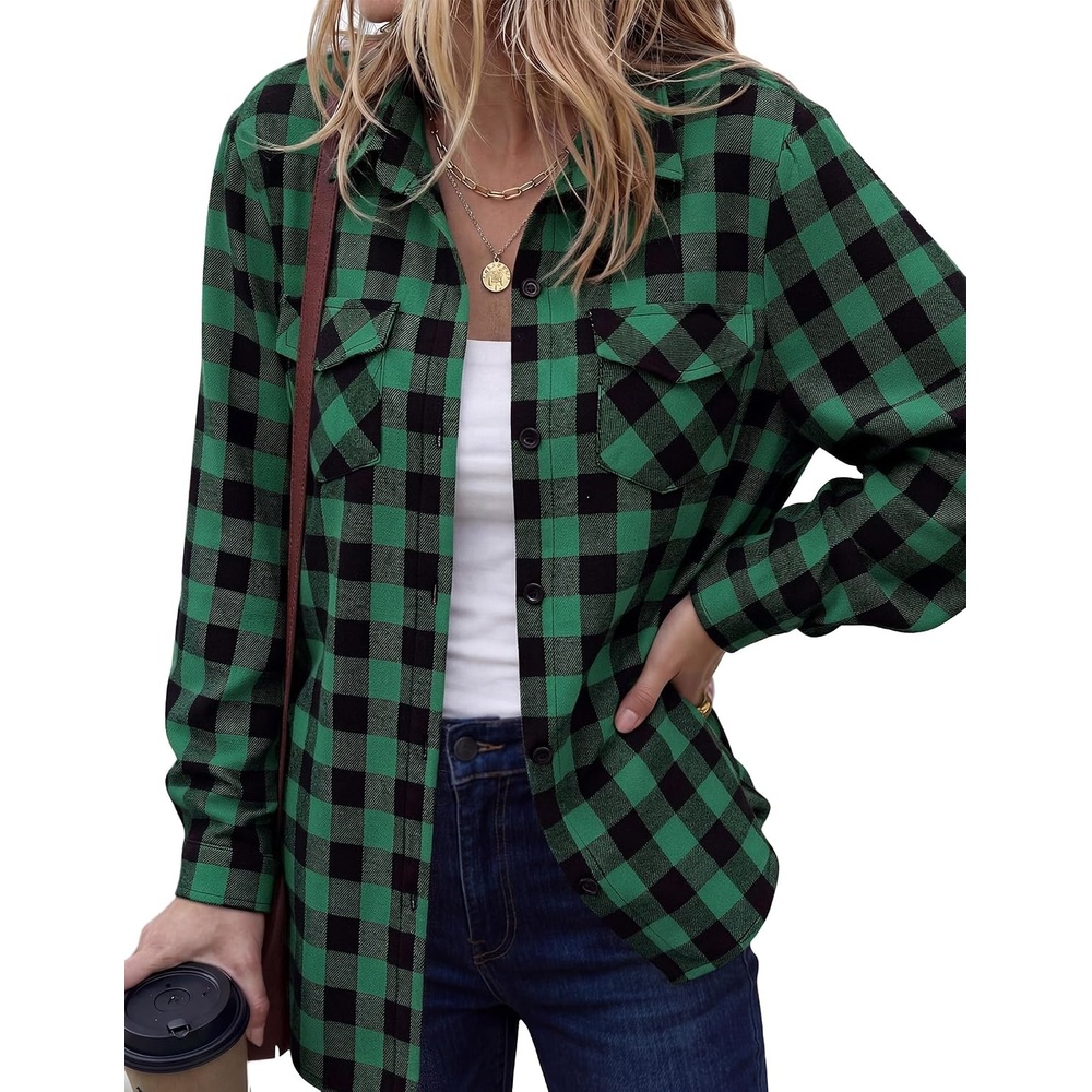 image:imageZeagoo Womens Plaid Flannel Shirt Long Sleeve Top Casual Button Down Blouse1green