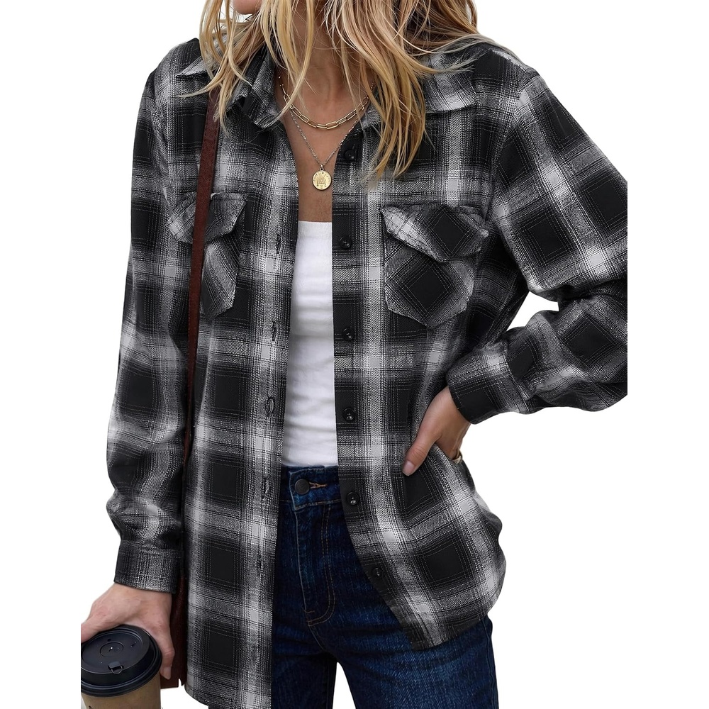 image:imageZeagoo Womens Plaid Flannel Shirt Long Sleeve Top Casual Button Down BlouseBlack White