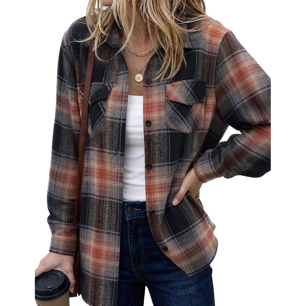 image:imageZeagoo Womens Plaid Flannel Shirt Long Sleeve Top Casual Button Down BlouseCaramel Black