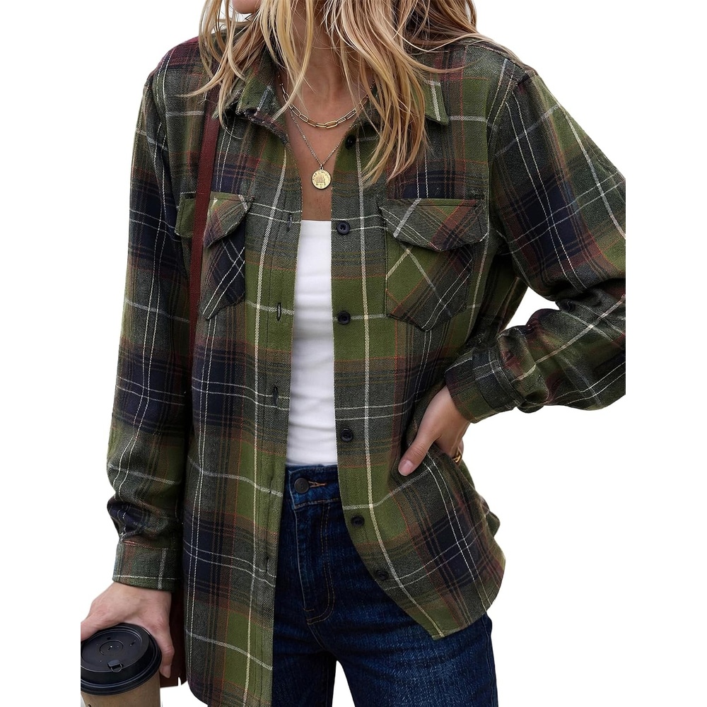 image:imageZeagoo Womens Plaid Flannel Shirt Long Sleeve Top Casual Button Down BlouseGreen Black