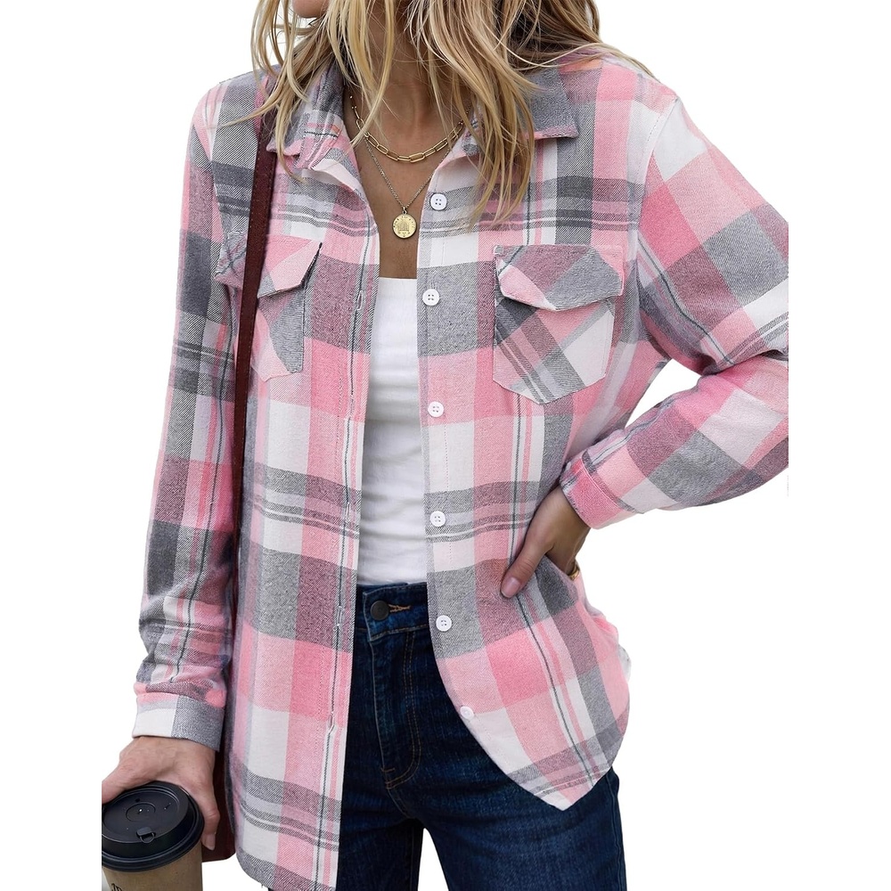image:imageZeagoo Womens Plaid Flannel Shirt Long Sleeve Top Casual Button Down BlousePink White