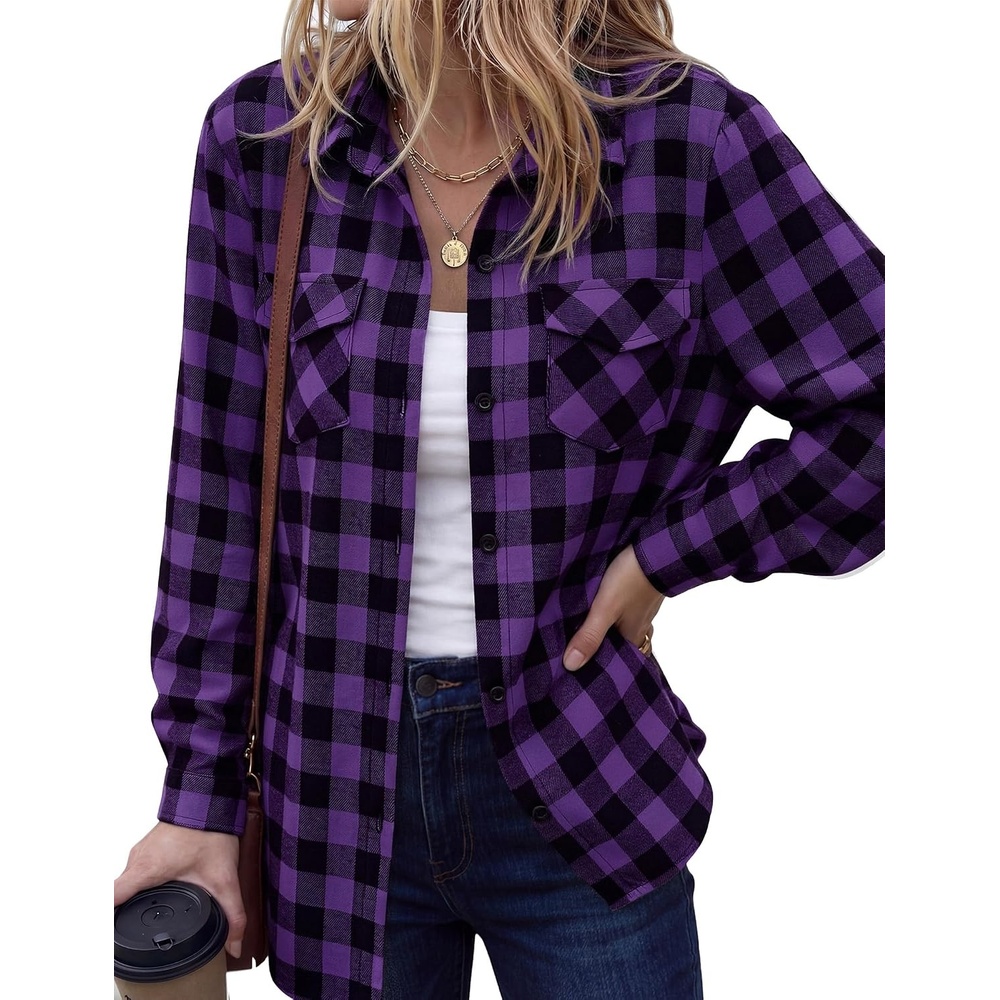 image:imageZeagoo Womens Plaid Flannel Shirt Long Sleeve Top Casual Button Down BlousePurple Black