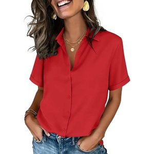 Zeagoo Button Down Shirts for Women Short Sleeve Tops Dressy Casual Blouses(Red)