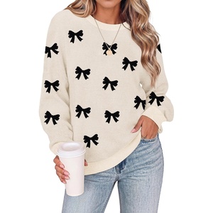 Zeagoo Oversized Sweater for Women 2026 Crewneck Long Sleeve Fall Clothes(Black Bow)