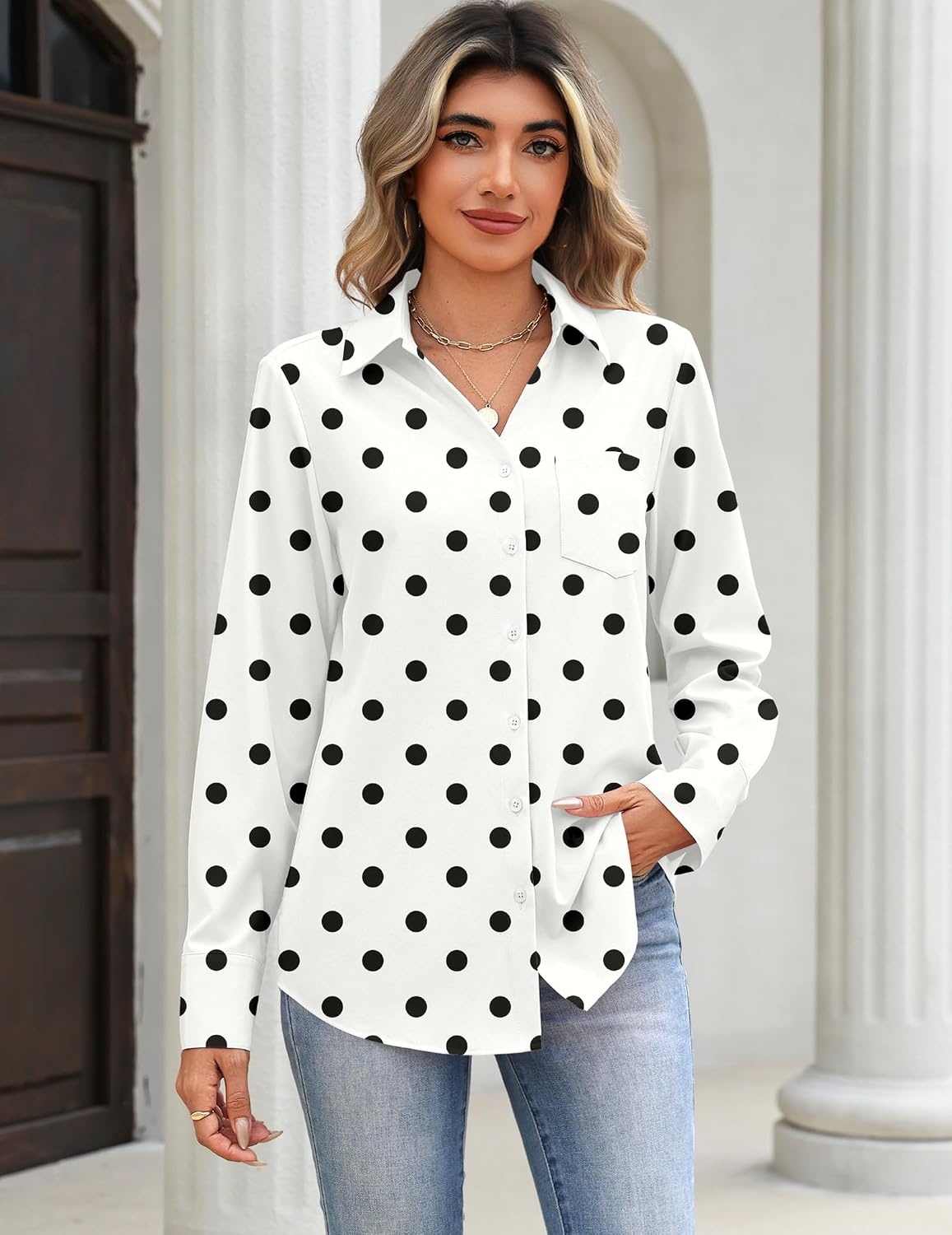 image:imageZeagoo Blouses for Women Long Sleeve Dressy Casual Button Down ShirtsWhite Polka