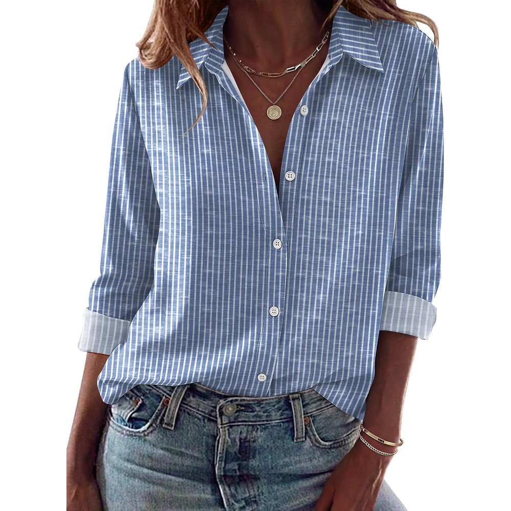 image:imageZeagoo Blouses for Women Dressy Casual Long Sleeve Button Down Shirts TopsBblue Stripes