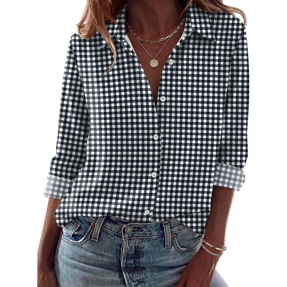 image:imageZeagoo Blouses for Women Dressy Casual Long Sleeve Button Down Shirts TopsBlack White Plaid