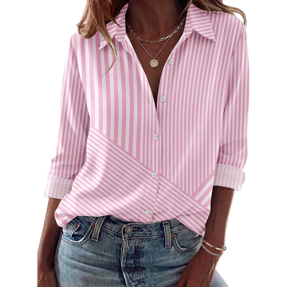 image:imageZeagoo Blouses for Women Dressy Casual Long Sleeve Button Down Shirts TopsBpink Stripes