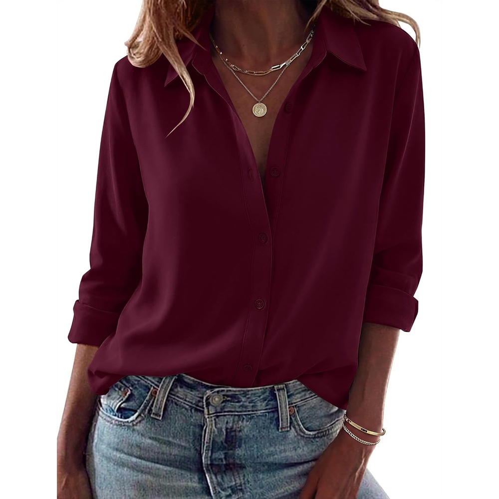 image:imageZeagoo Blouses for Women Dressy Casual Long Sleeve Button Down Shirts TopsDark Red