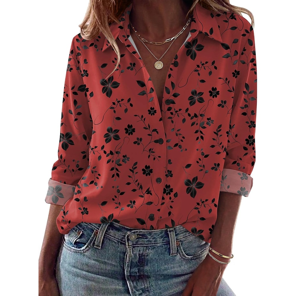 image:imageZeagoo Blouses for Women Dressy Casual Long Sleeve Button Down Shirts TopsFloral Red