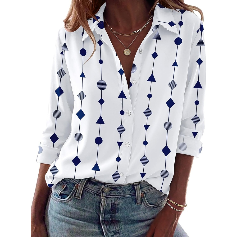 image:imageZeagoo Blouses for Women Dressy Casual Long Sleeve Button Down Shirts TopsGeometry White