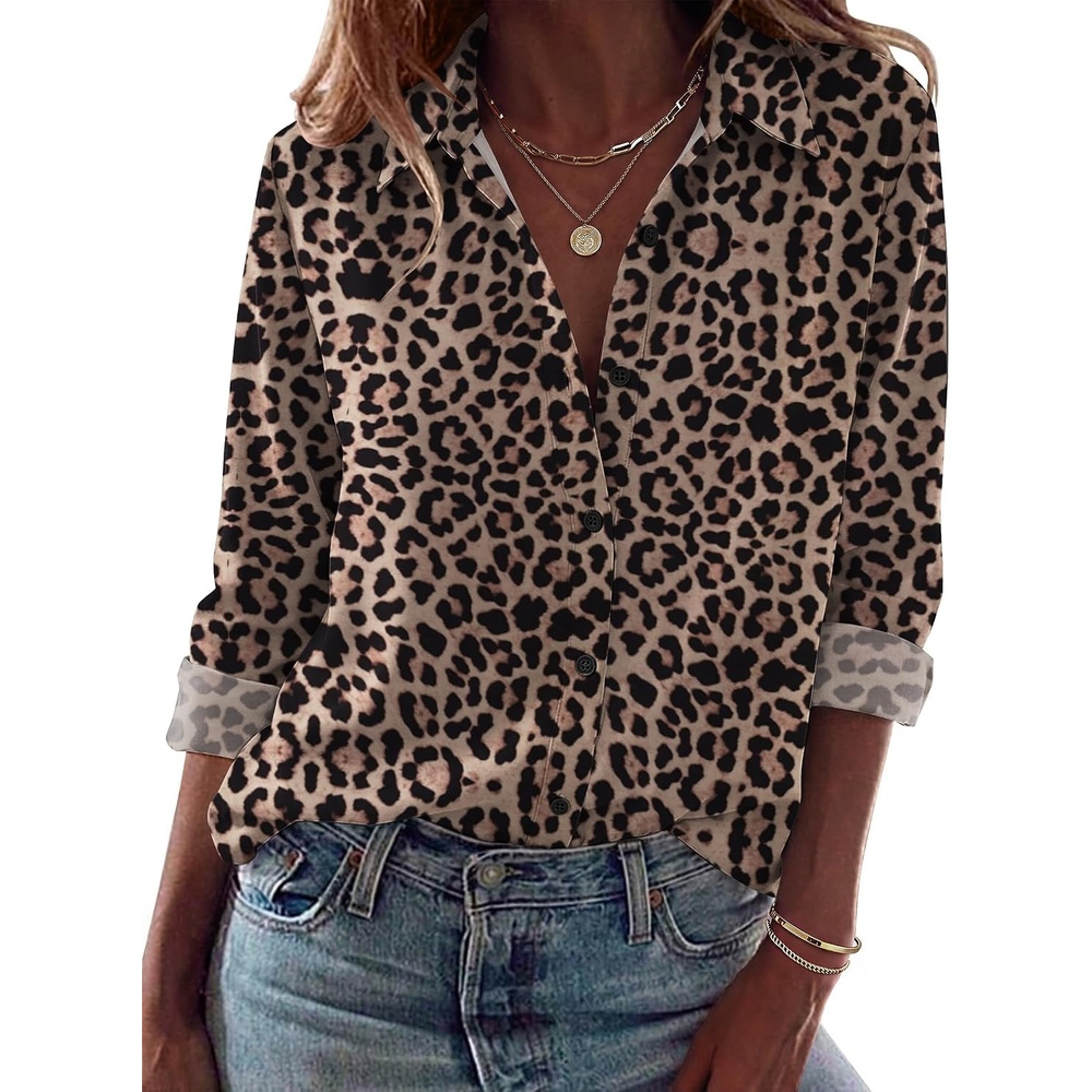 image:imageZeagoo Blouses for Women Dressy Casual Long Sleeve Button Down Shirts TopsLeopard Print