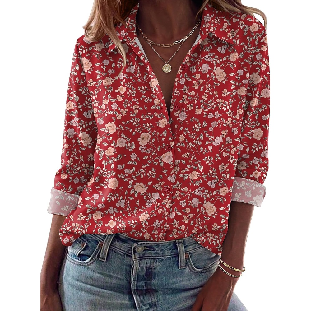 image:imageZeagoo Blouses for Women Dressy Casual Long Sleeve Button Down Shirts TopsRed Floral