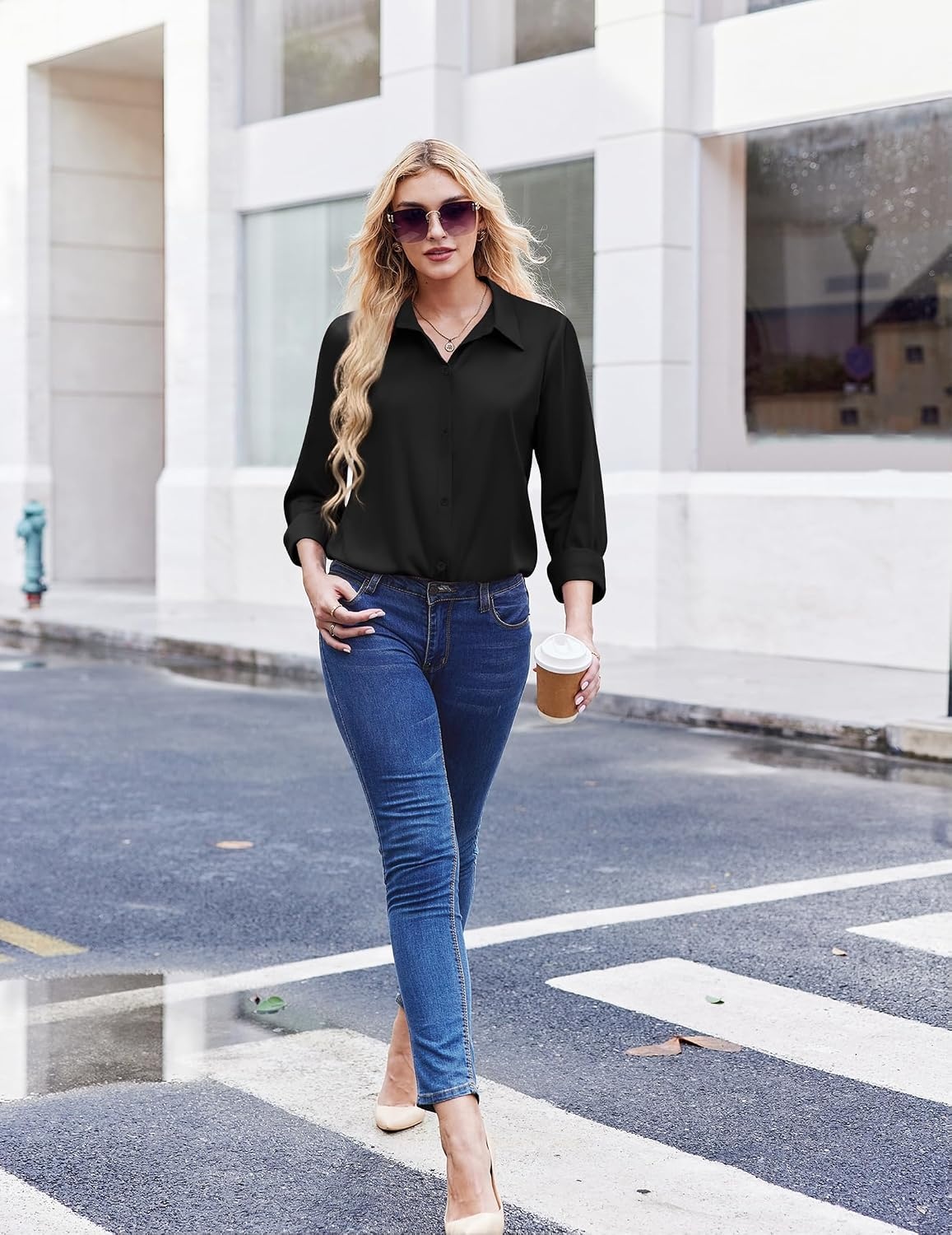 image:imageZeagoo Button Down Shirt Women Long Sleeve Blouses Casual Tops Work OutfitsBblackstain Shield