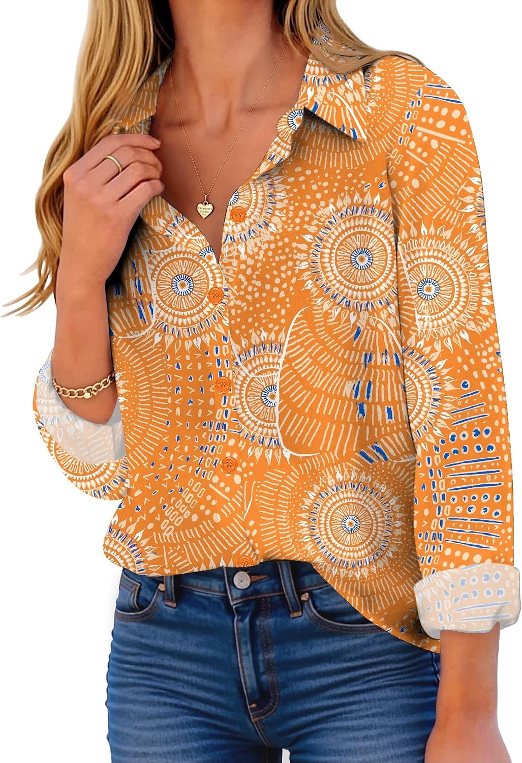 image:imageZeagoo Button Down Shirt Women Long Sleeve Blouses Casual Tops Work OutfitsOrange Printed