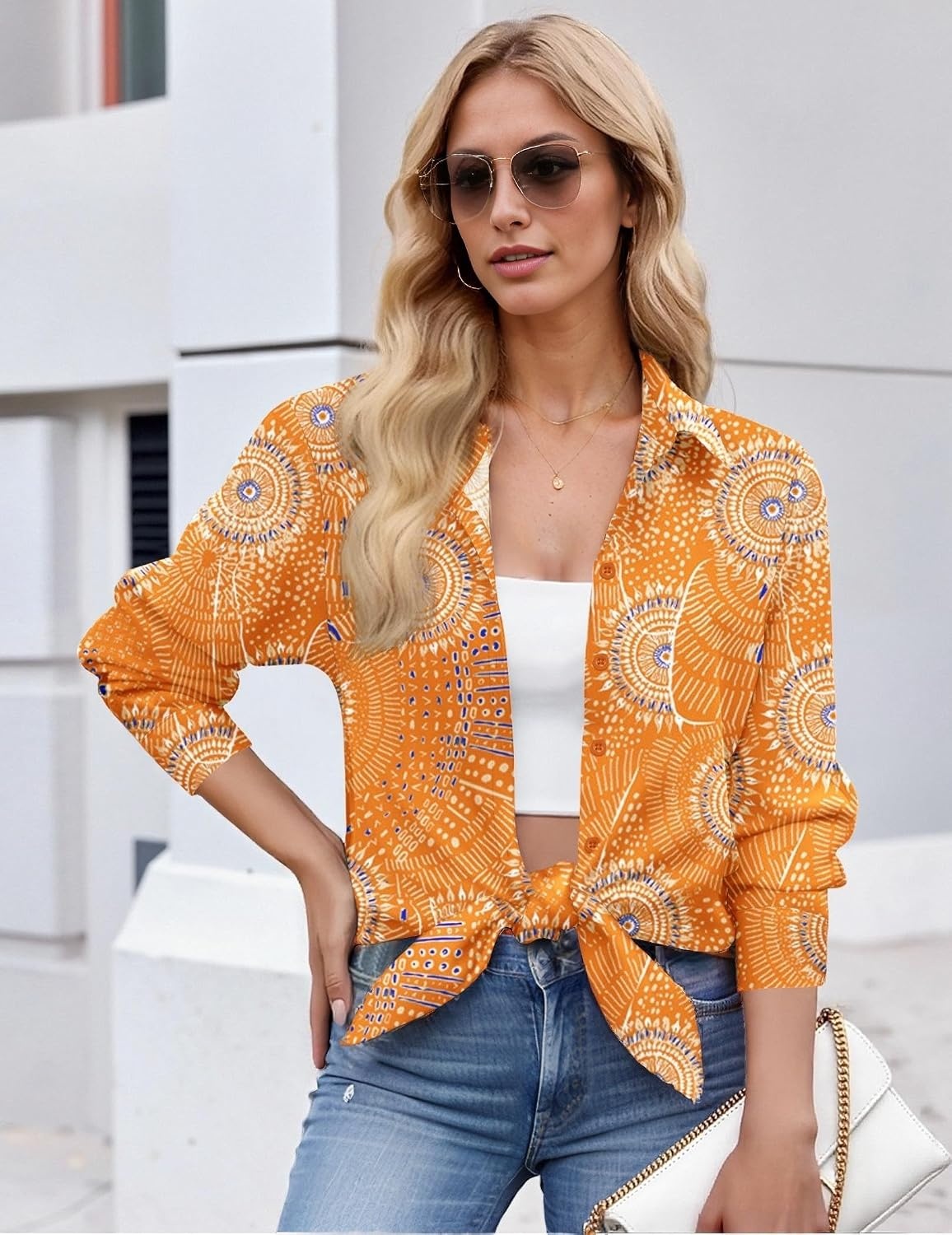 image:imageZeagoo Button Down Shirt Women Long Sleeve Blouses Casual Tops Work OutfitsOrange Printed