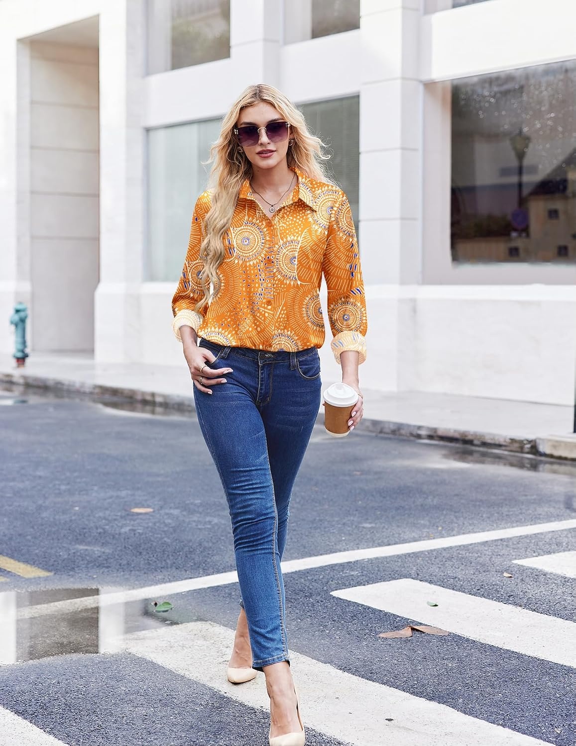 image:imageZeagoo Button Down Shirt Women Long Sleeve Blouses Casual Tops Work OutfitsOrange Printed