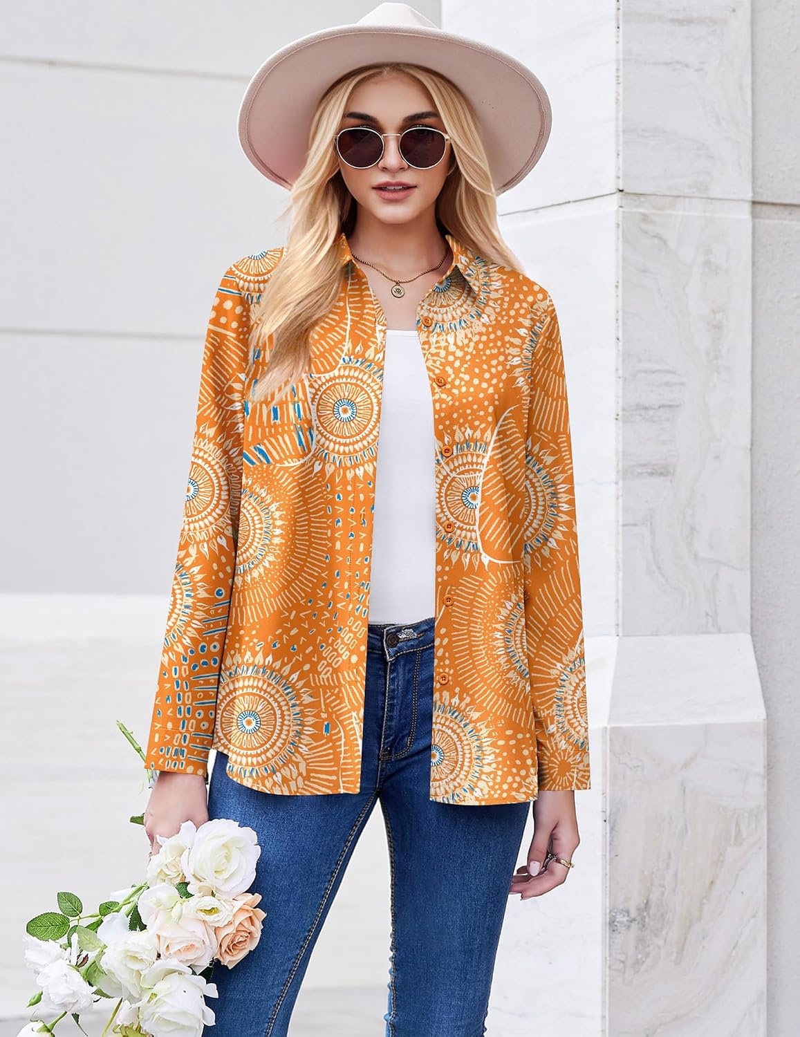 image:imageZeagoo Button Down Shirt Women Long Sleeve Blouses Casual Tops Work OutfitsOrange Printed