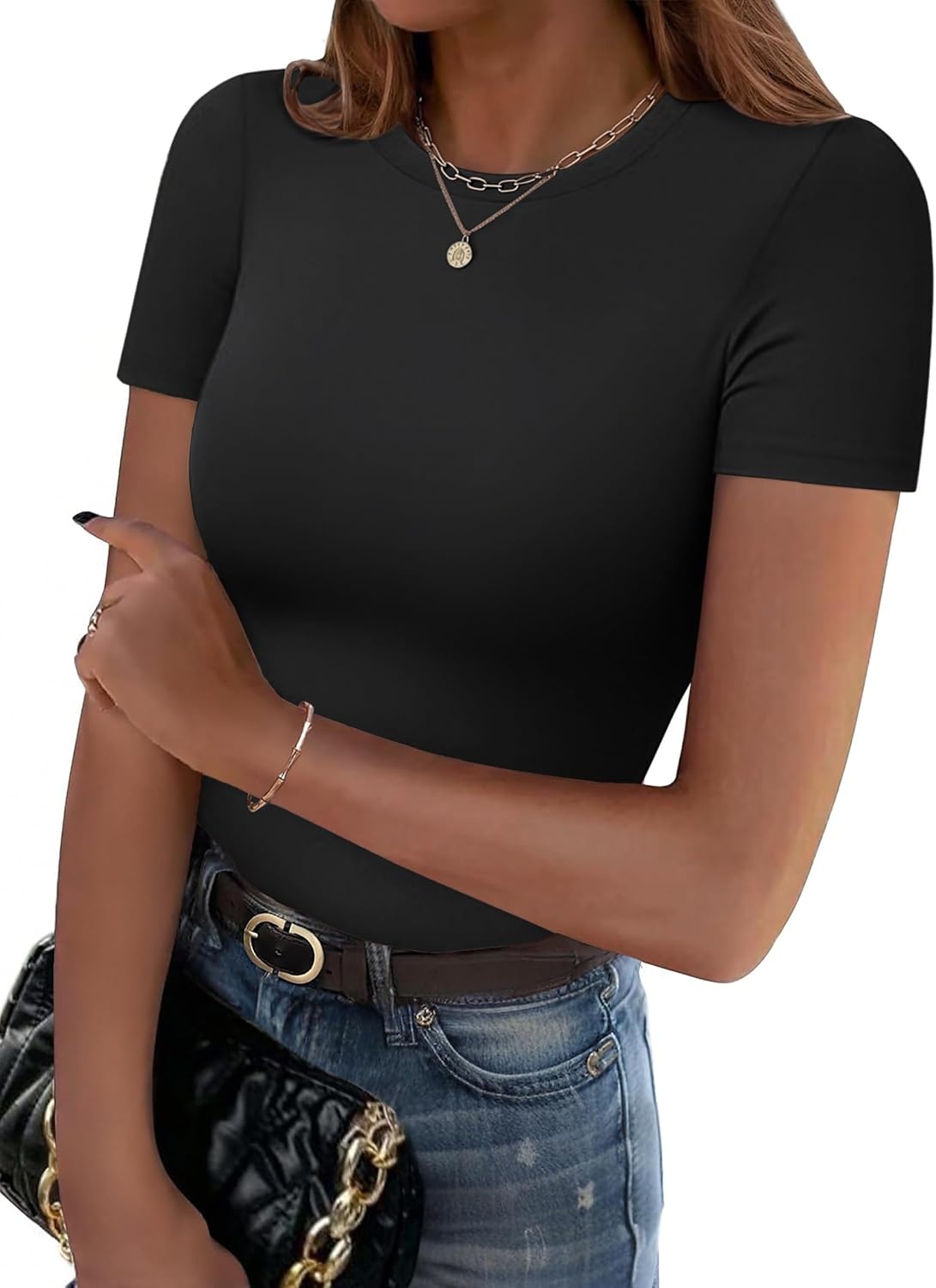 image:imageZeagoo Women Short Sleeve T Shirts Fitted Summer Tops Stretchy Basic TeeAblack