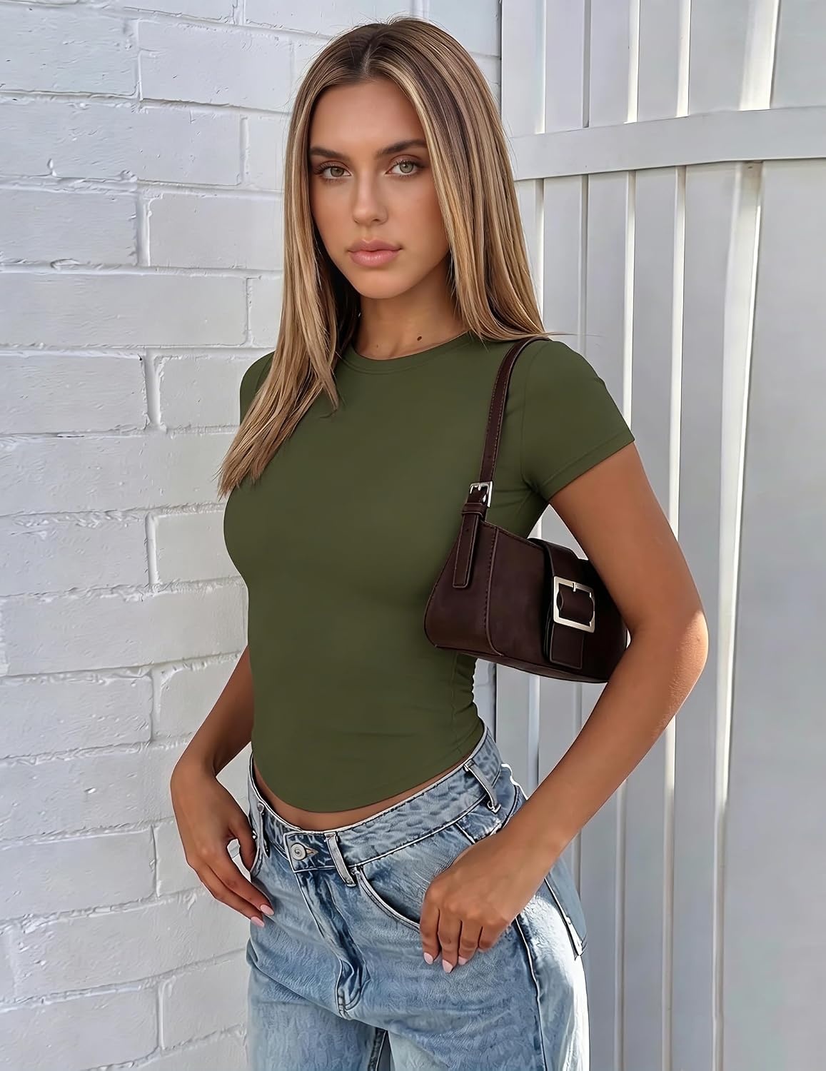 image:imageZeagoo Women Short Sleeve T Shirts Fitted Summer Tops Stretchy Basic TeeShort Sleeve Army Green