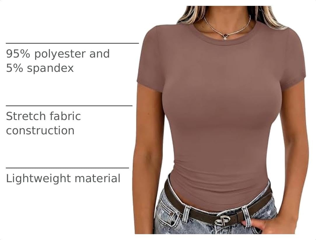 image:imageZeagoo Women Short Sleeve T Shirts Fitted Summer Tops Stretchy Basic TeeShort Sleeve Brown