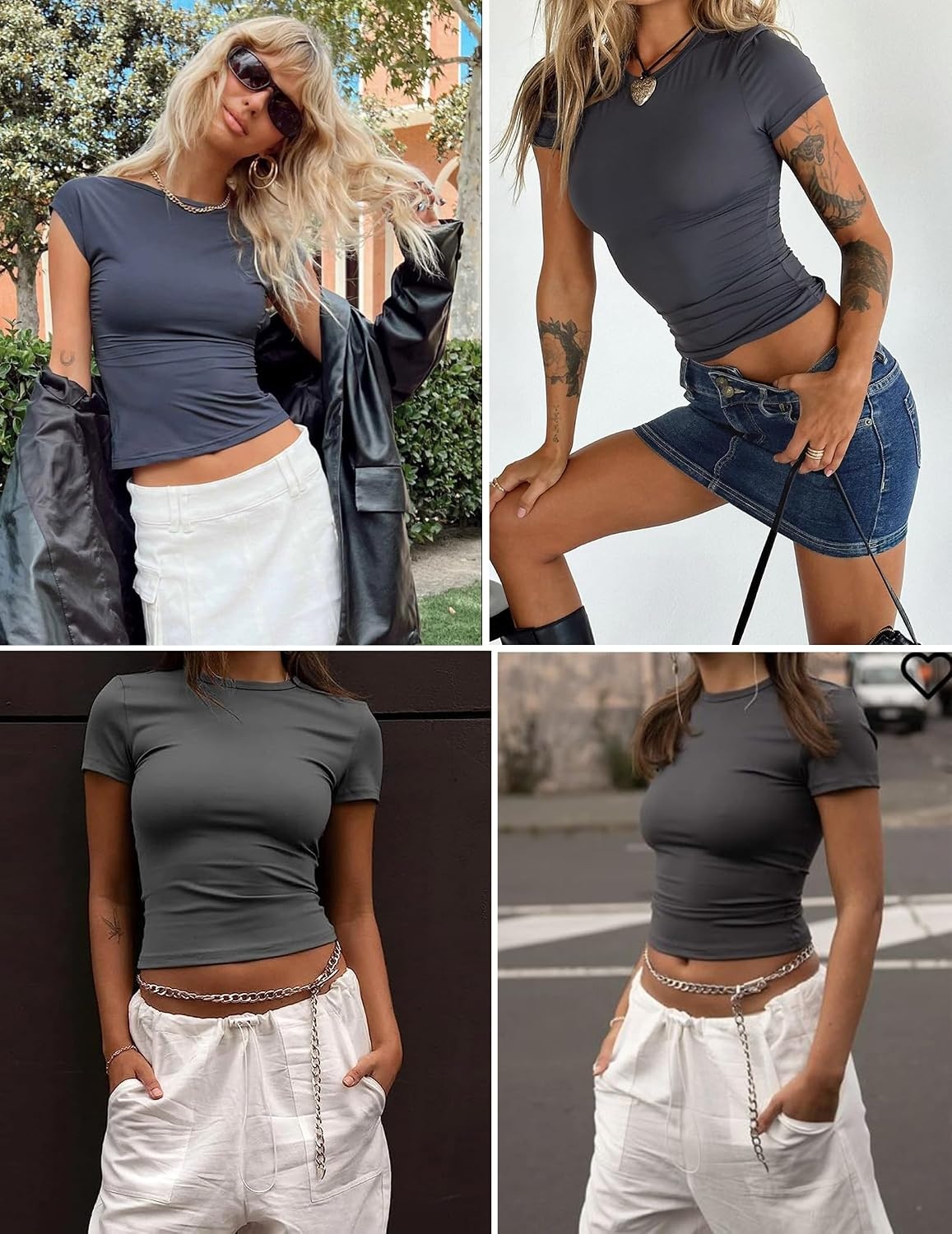 image:imageZeagoo Women Short Sleeve T Shirts Fitted Summer Tops Stretchy Basic TeeShort Sleeve Dark Grey