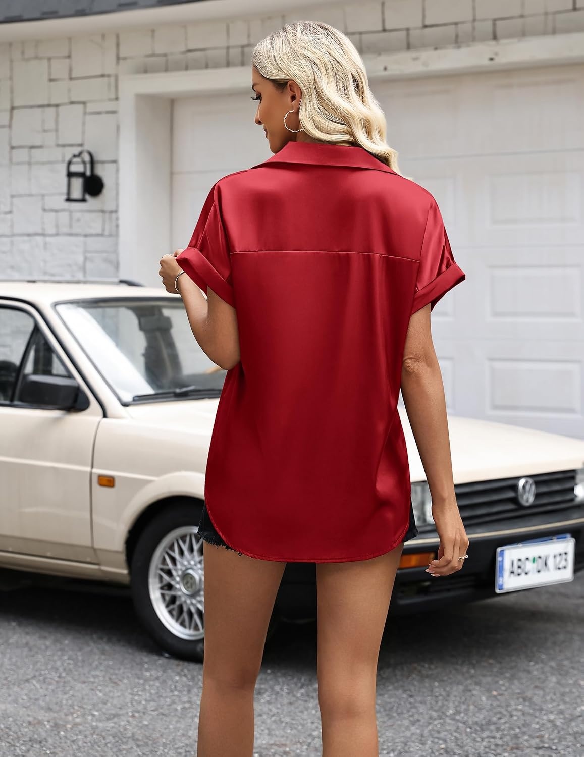 image:imageZeagoo Womens Satin Blouse Short Sleeve Silk Tops Button Down ShirtsRed