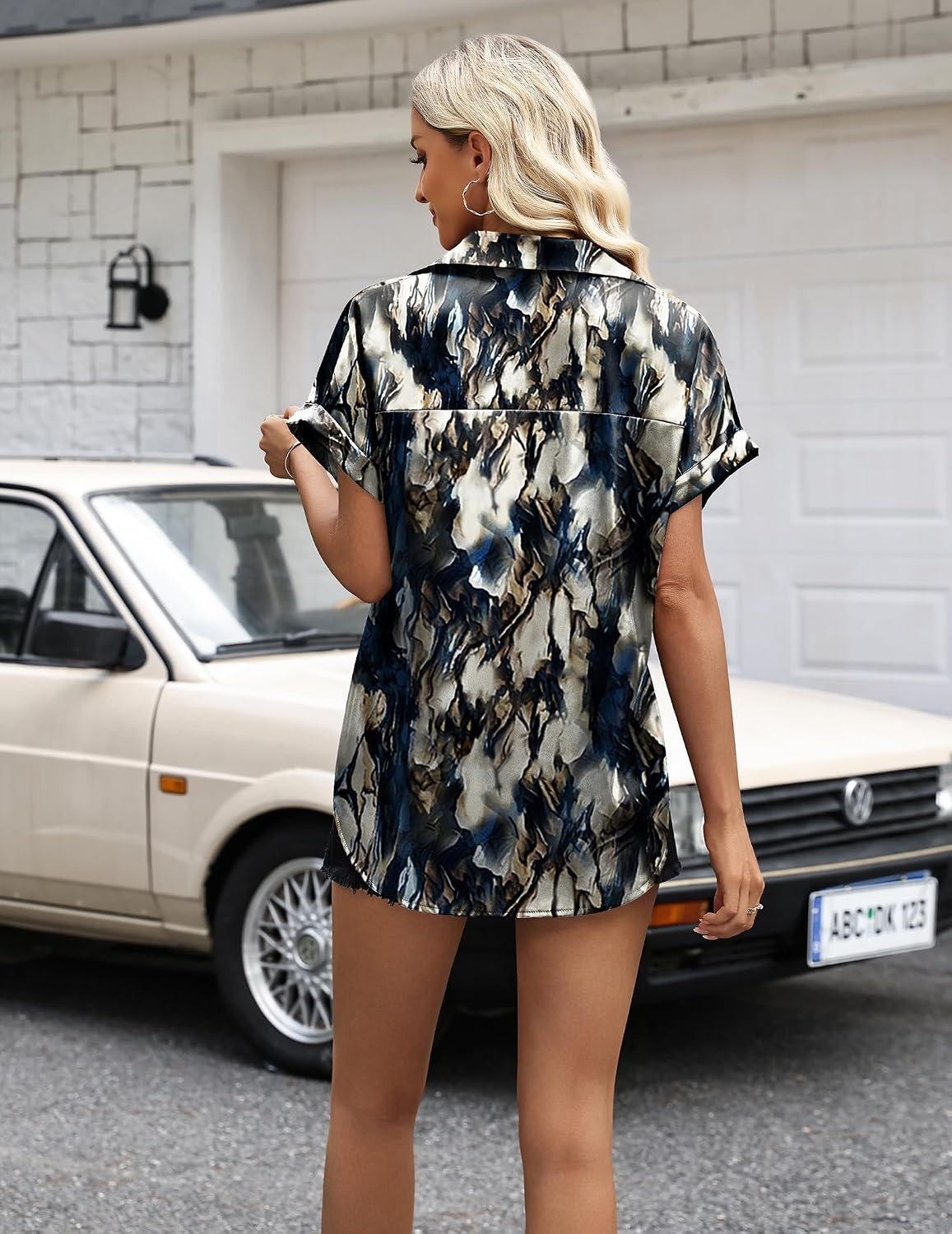 image:imageZeagoo Womens Satin Blouse Short Sleeve Silk Tops Button Down ShirtsTie Dye Navy