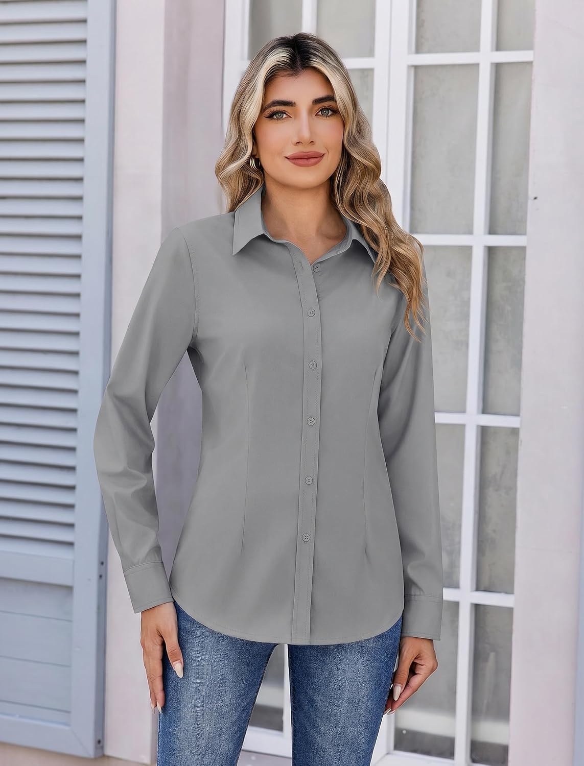 image:imageZeagoo Womens Wrinkle Free Button Down Shirts Long Sleeve Business TopsGrey