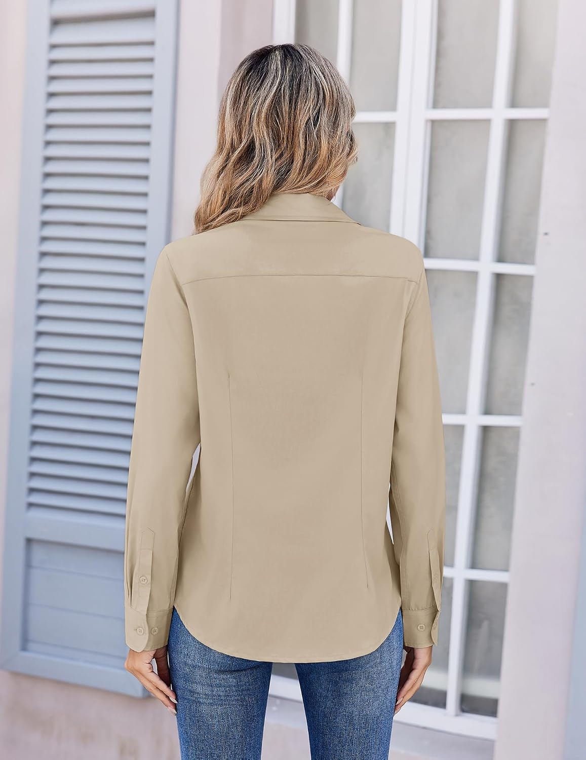 image:imageZeagoo Womens Wrinkle Free Button Down Shirts Long Sleeve Business TopsKhaki