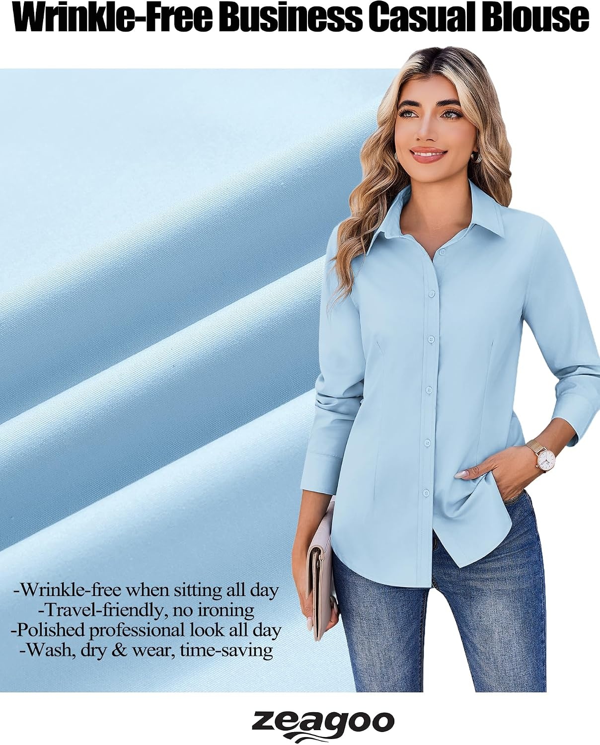 image:imageZeagoo Womens Wrinkle Free Button Down Shirts Long Sleeve Business TopsLight Blue