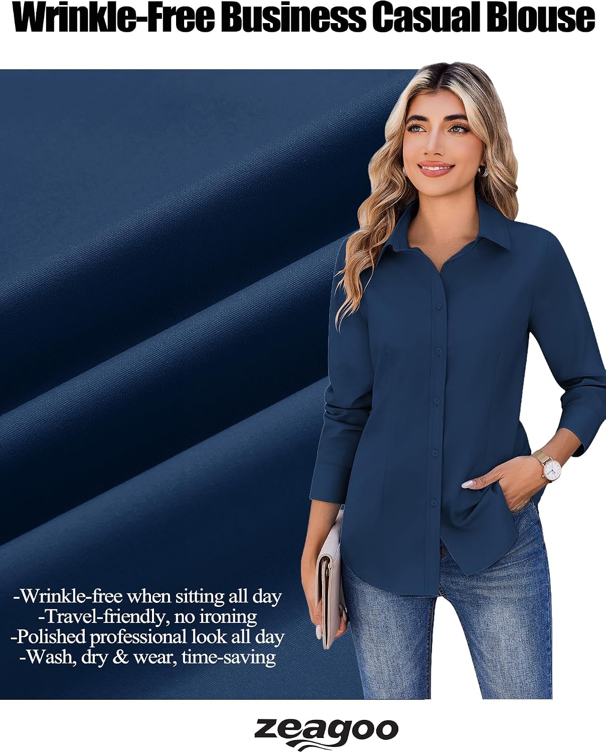 image:imageZeagoo Womens Wrinkle Free Button Down Shirts Long Sleeve Business TopsNavy Blue