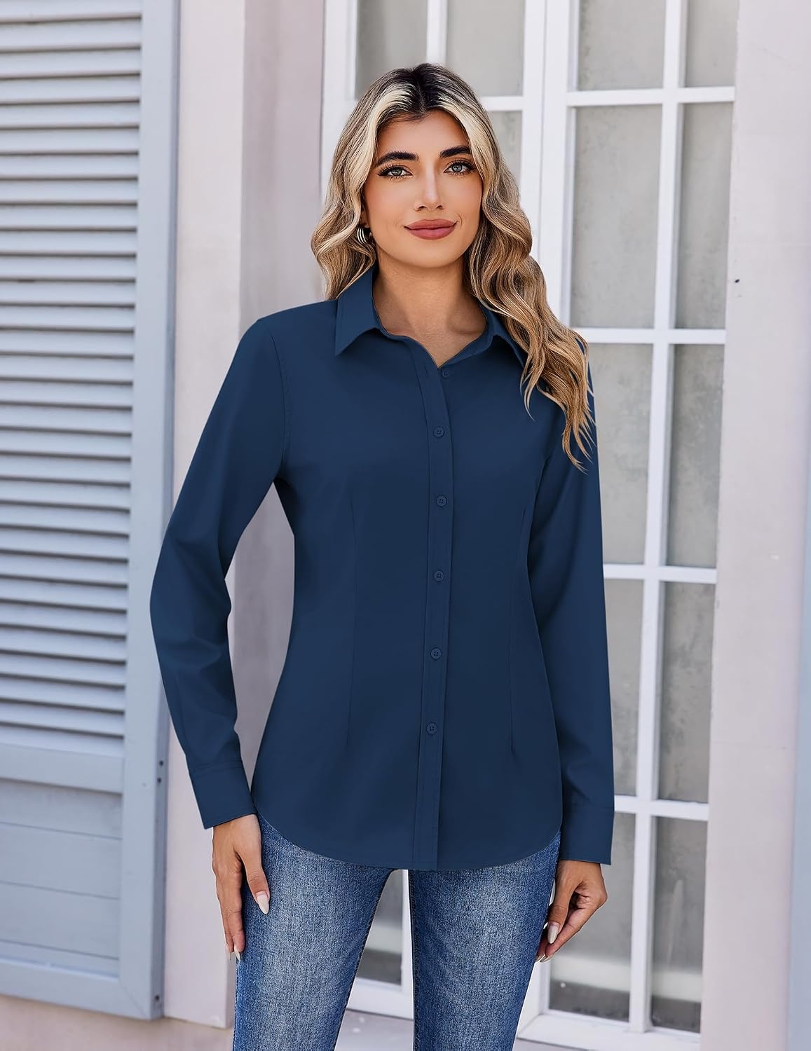 image:imageZeagoo Womens Wrinkle Free Button Down Shirts Long Sleeve Business TopsNavy Blue
