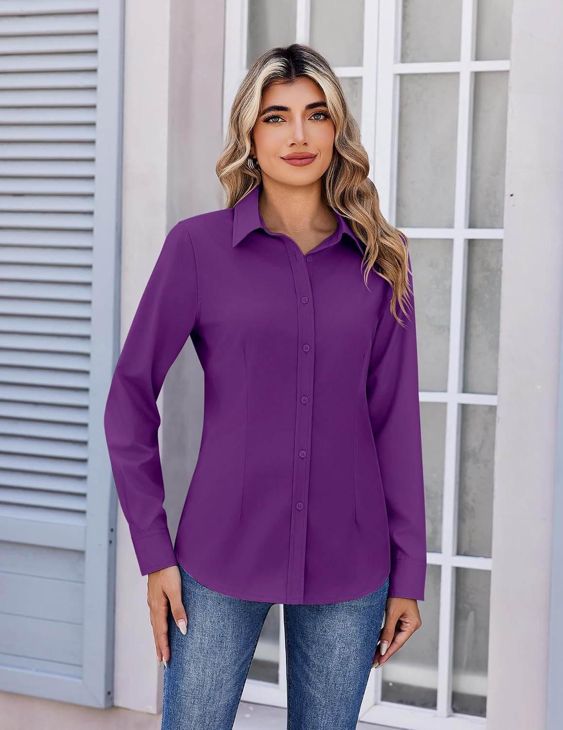 image:imageZeagoo Womens Wrinkle Free Button Down Shirts Long Sleeve Business TopsPurple