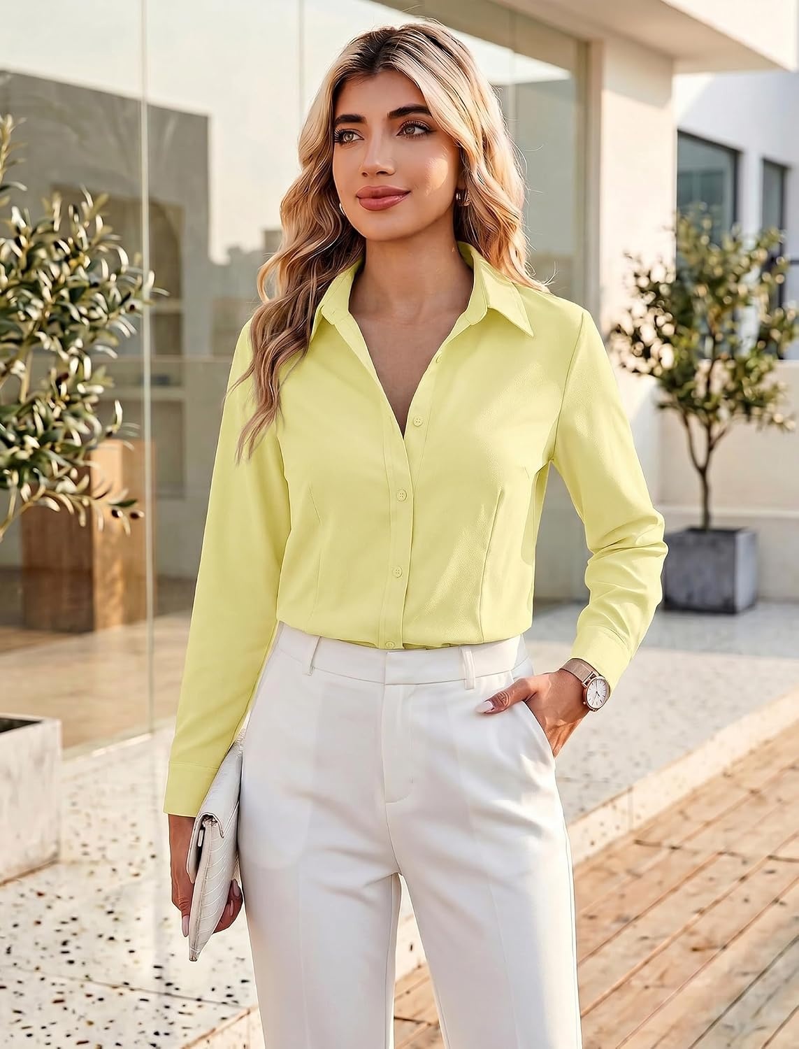 image:imageZeagoo Womens Wrinkle Free Button Down Shirts Long Sleeve Business TopsYellow