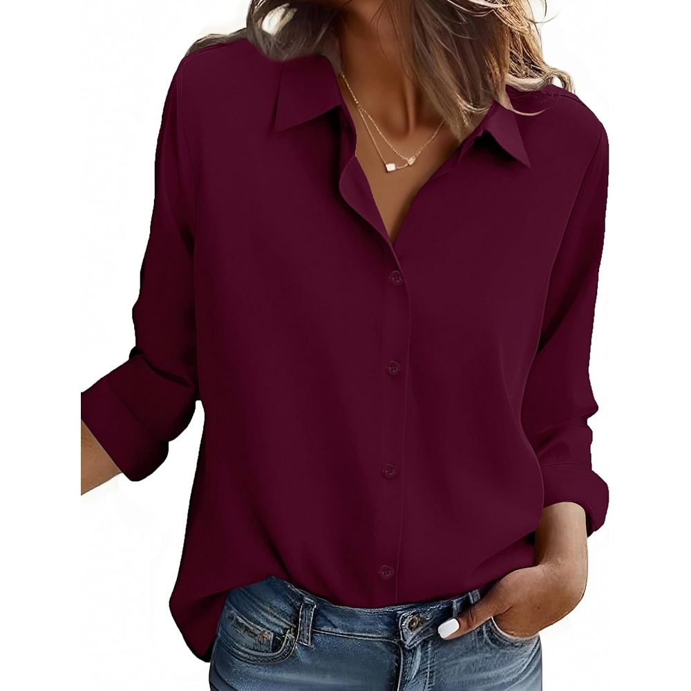 image:imageZeagoo Button Down Shirt Women Long Sleeve Blouses Casual Tops Work OutfitsCburgundystain Shield
