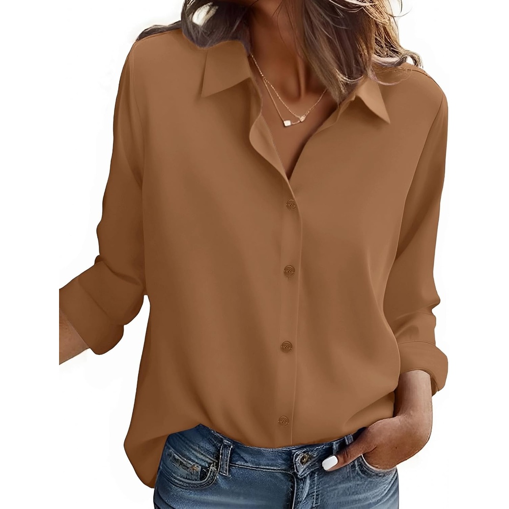 image:imageZeagoo Button Down Shirt Women Long Sleeve Blouses Casual Tops Work OutfitsCcamelstain Shield