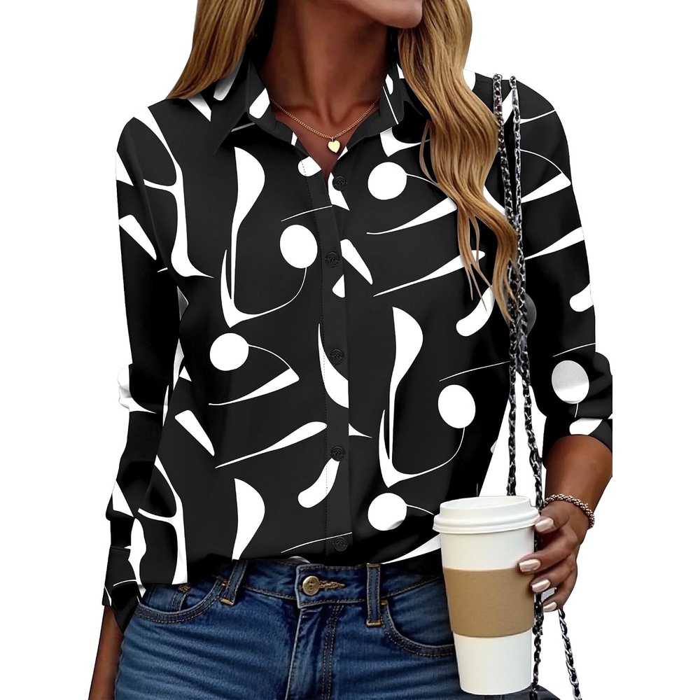 image:imageZeagoo Button Down Shirt Women Long Sleeve Blouses Casual Tops Work OutfitsDblack Printed